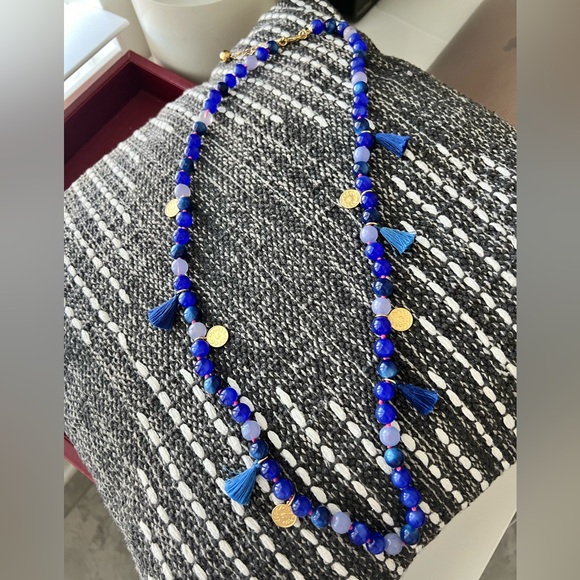 Kate Spade New York Coin Pom Tassel Necklace Cobalt Blue Glass Bead Gold - Picture 3 of 8
